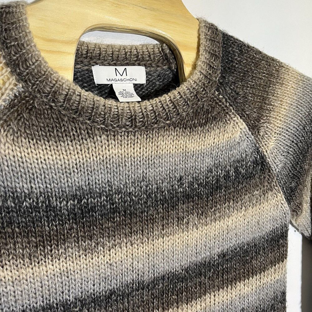 Magaschoni Womens Medium‎ Sweater Wool Acrylic Pullover Striped Gray Brown